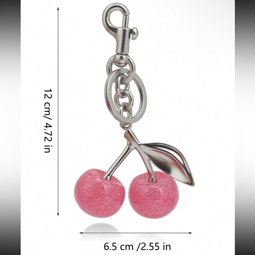 Sparkling Pink Cherry Bag Charm Keychain with silver hardware NWT - Picture 4 of 4
